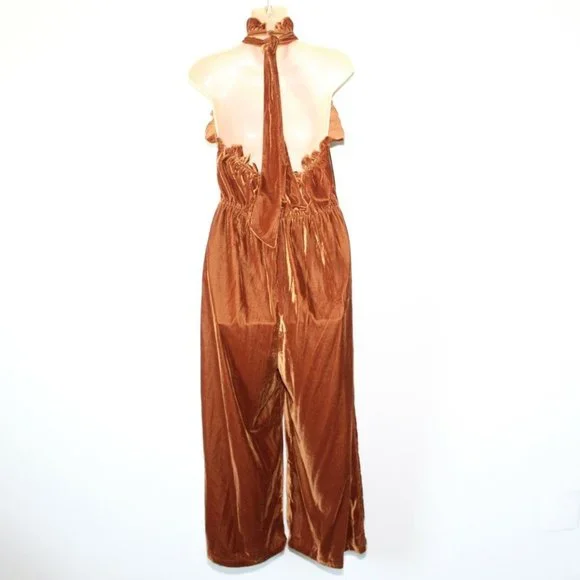 Kristinit Anthropologie Velvet Ruffle Halter Jumpsuit Copper Large H13128 - Picture 5 of 12